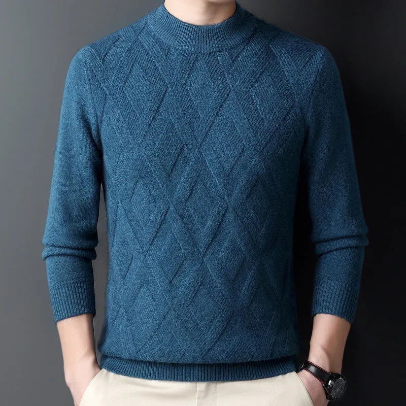 Men's thick winter sweater in diamond jacquard pattern, shown in light camel colour