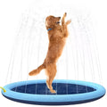Large blue dog splash pad with water jets spraying, dog playing in centre on non-slip textured surface