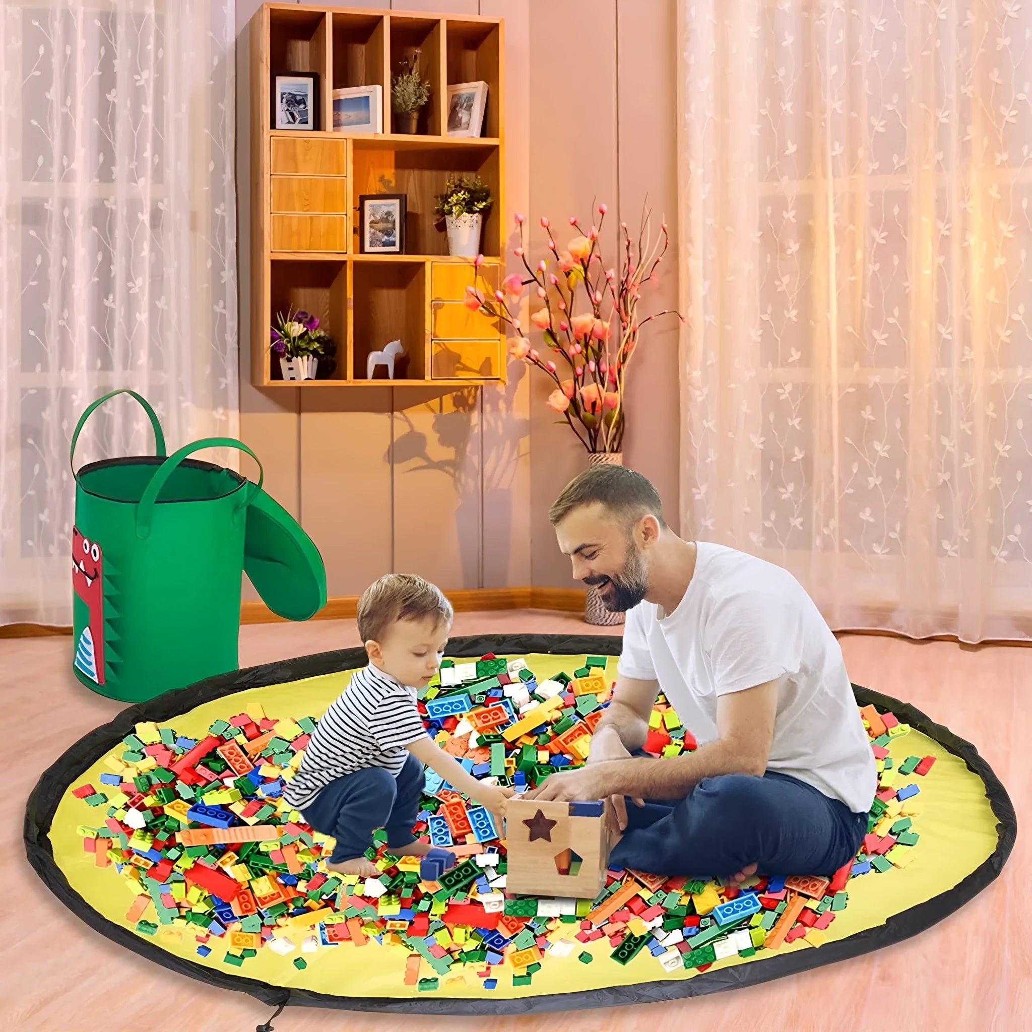 Green felt cube storage bag with pull rope shown as both toy container and play mat
