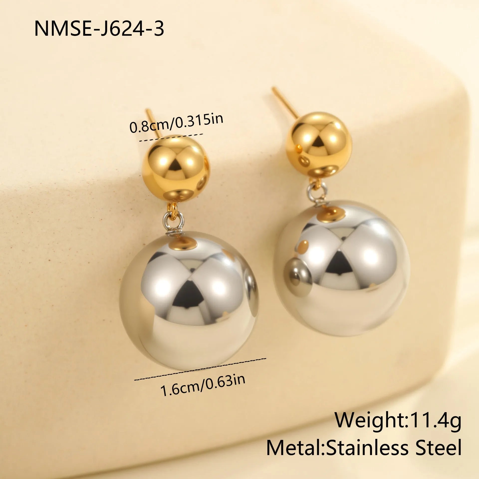 Stainless steel colour-block ear studs with round bead geometry and 18K gold electroplating
