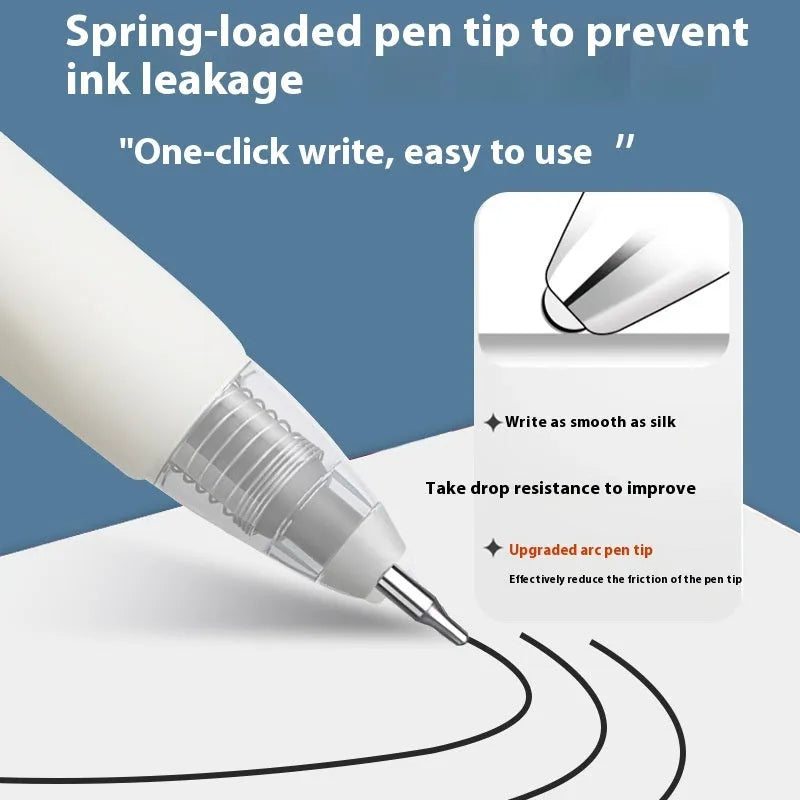 Quick-drying ballpoint pen refill with 500m writing length in black, red, blue, and ink blue colours.