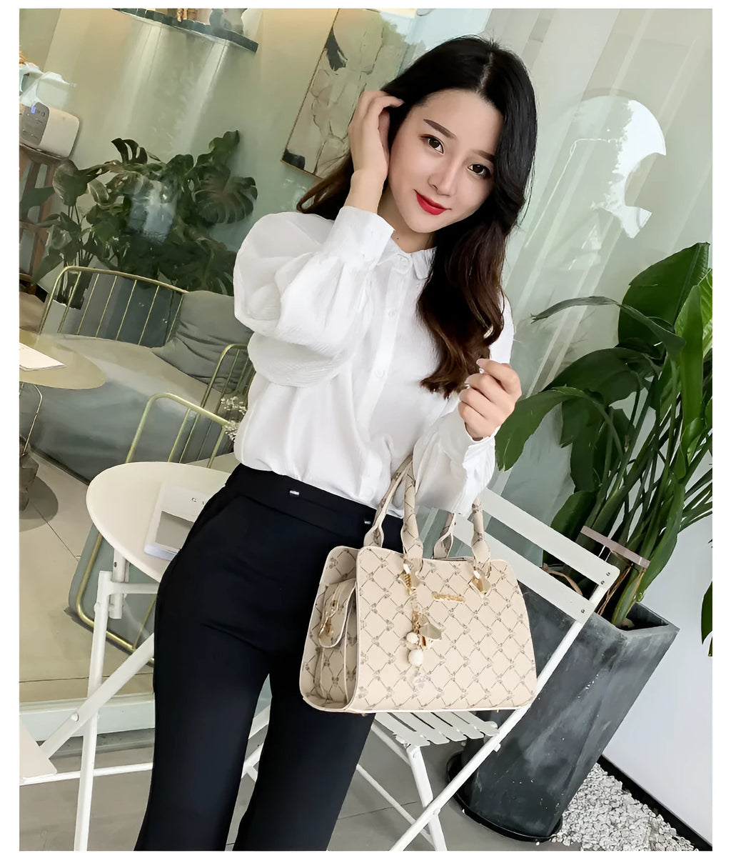 Women's PU leather messenger bag with geometric print pattern and crossbody strap