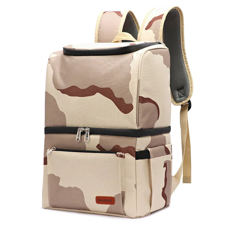 Blue double-layer insulated picnic backpack with shoulder straps and large main compartment.