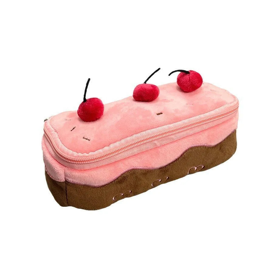 Korean style cherry cake design plush pencil case made from soft red velvet fabric.