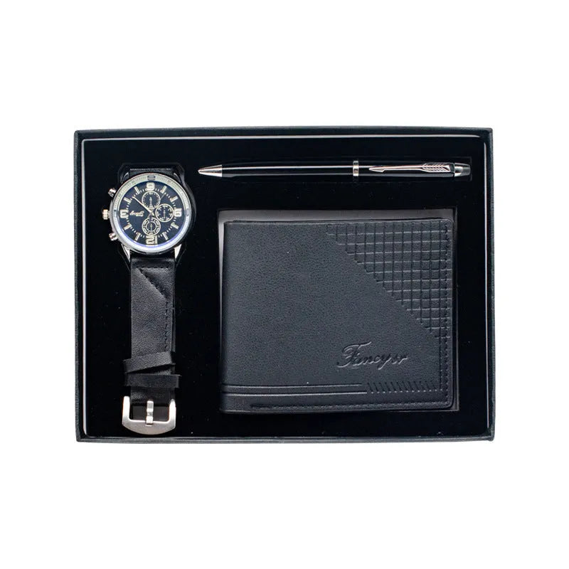 Business gifts set showing wallet, pen and watch in modern black presentation within OPP gift box