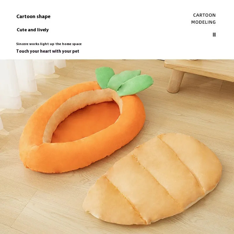 Carrot orange double-sided dog mattress with removable cloth cover, shown in medium and large sizes.