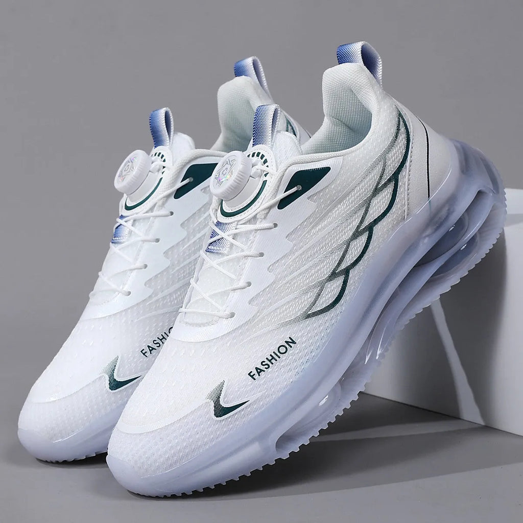 White men's casual running shoes with rotating button closure and mesh upper in Korean style design