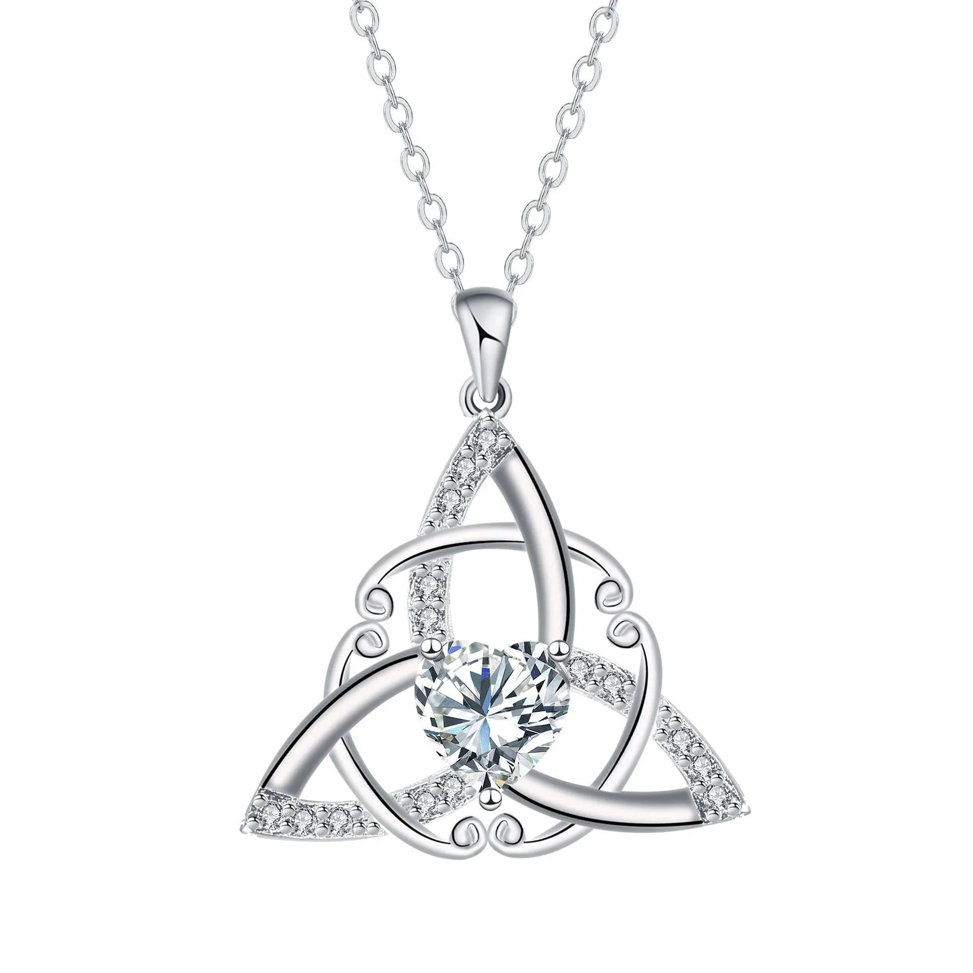 Copper Celtic knot necklace with geometric pendant in blue colour option, electroplated finish