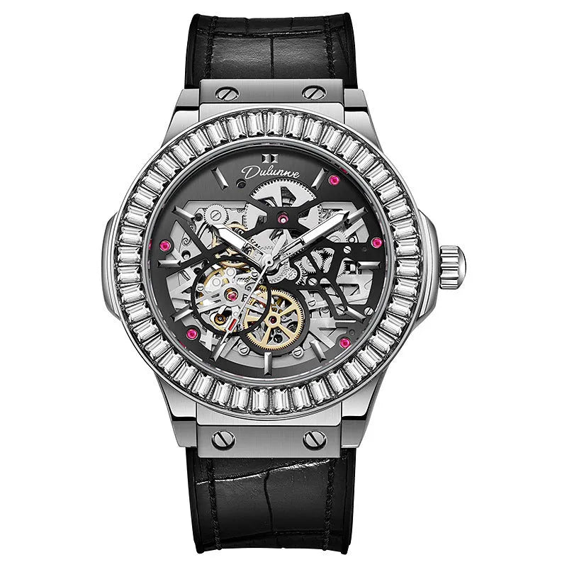 Automatic men's watch with diamond studded hollow dial and stainless steel case in business style