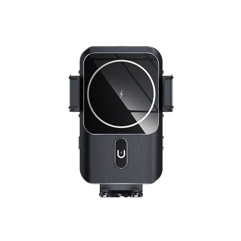 Black car wireless charger mobile phone holder showing both suction cup and clip mounting options for 15W charging