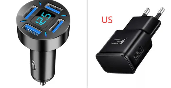 Four-port USB car charger with digital voltage display showing output reading