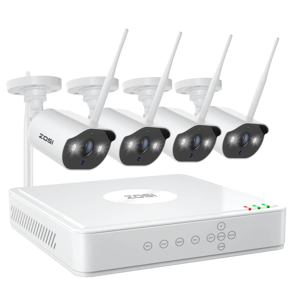 ZOSI 5MP POE security camera system with outdoor cameras and NVR recorder featuring 360-degree or fixed lens options and hard drive storage.
