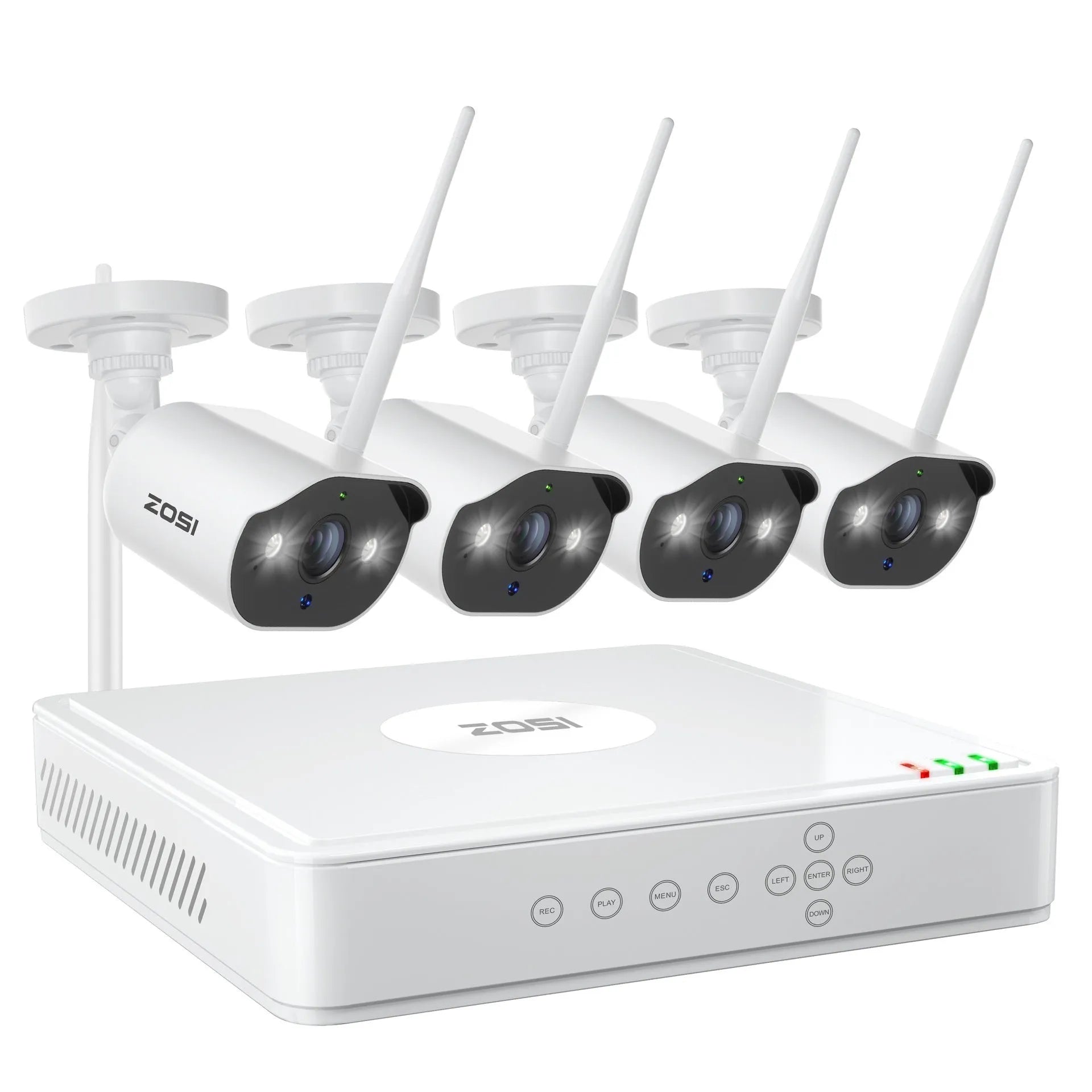 ZOSI 5MP POE security camera system with outdoor cameras and NVR recorder featuring 360-degree or fixed lens options and hard drive storage.
