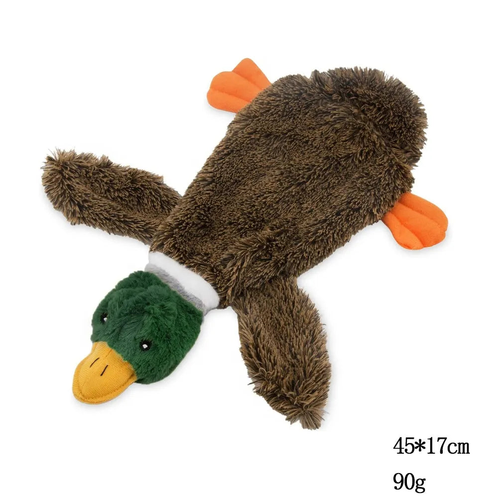 Green wild duck design stuffless dog toy with squeakers in head and tail sections