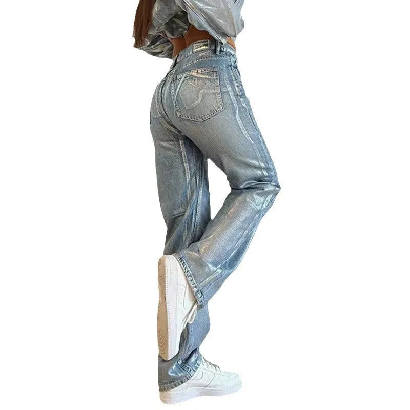 Women's blue hot silver high waist straight leg denim jeans with contrast colour street style details