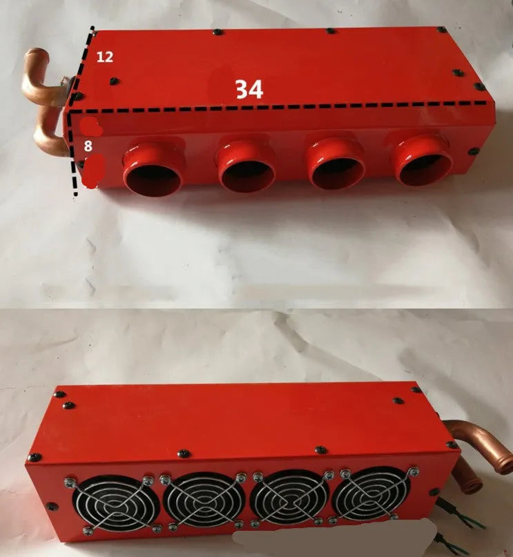 Metal car heater with copper pipe connections for 12V and 24V vehicle systems.