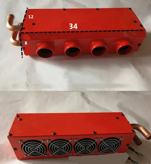 Metal car heater with copper pipe connections for 12V and 24V vehicle systems.