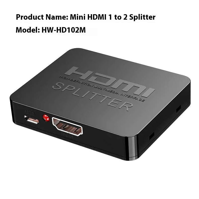 4K HDMI one input to two output splitter with USB power cable and regional plug options