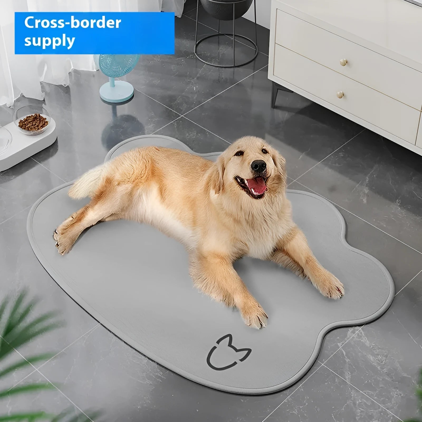 Ice silk dog cooling mat with dog head profile pattern in dark gray, non-slip base, shown on a wooden floor.