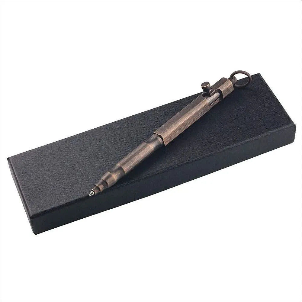 Solid brass tactical pen with hexagonal bolt design in vintage machine gun style on black background.