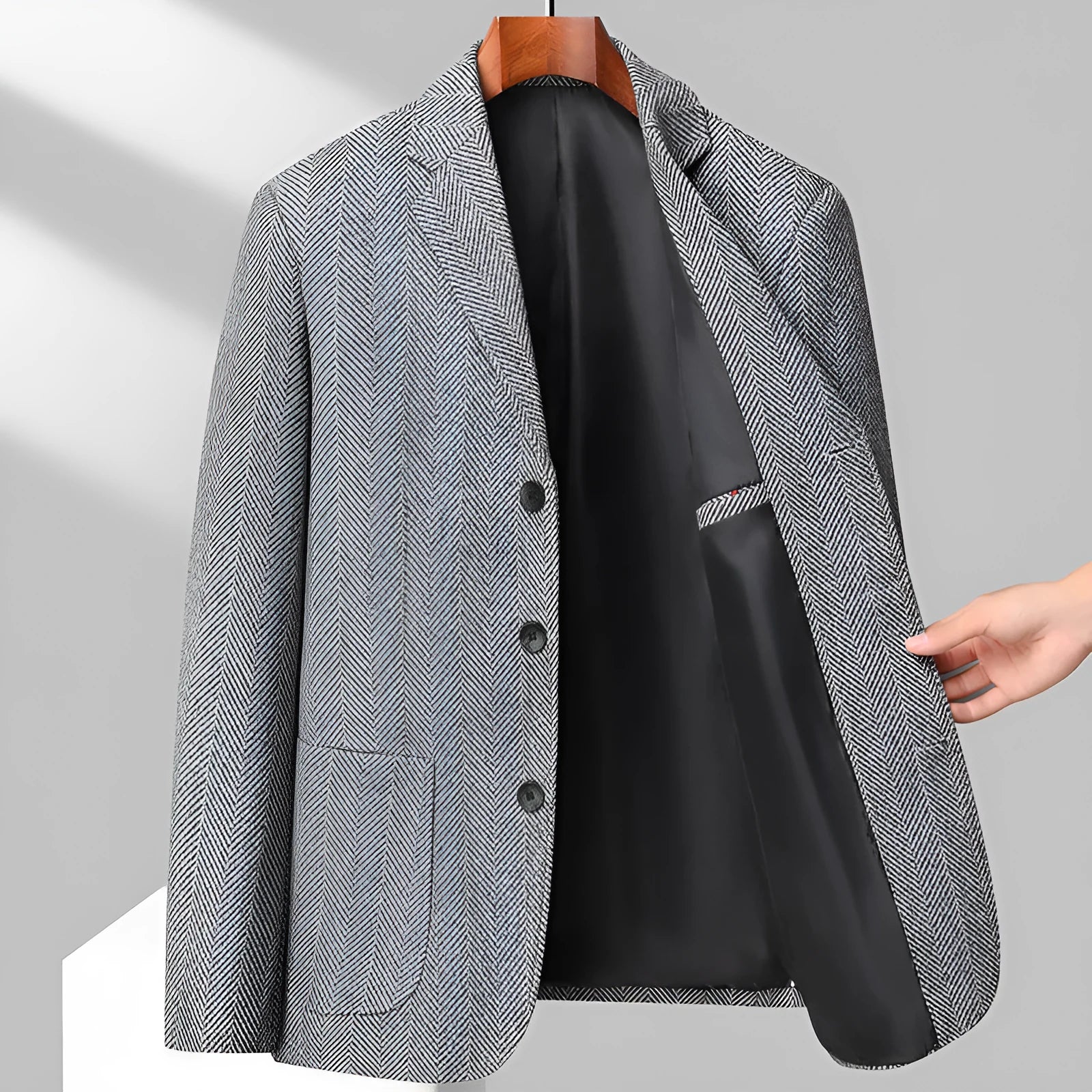 Men's simple style loose fit wool blend coat shown in a solid colour for spring and autumn.
