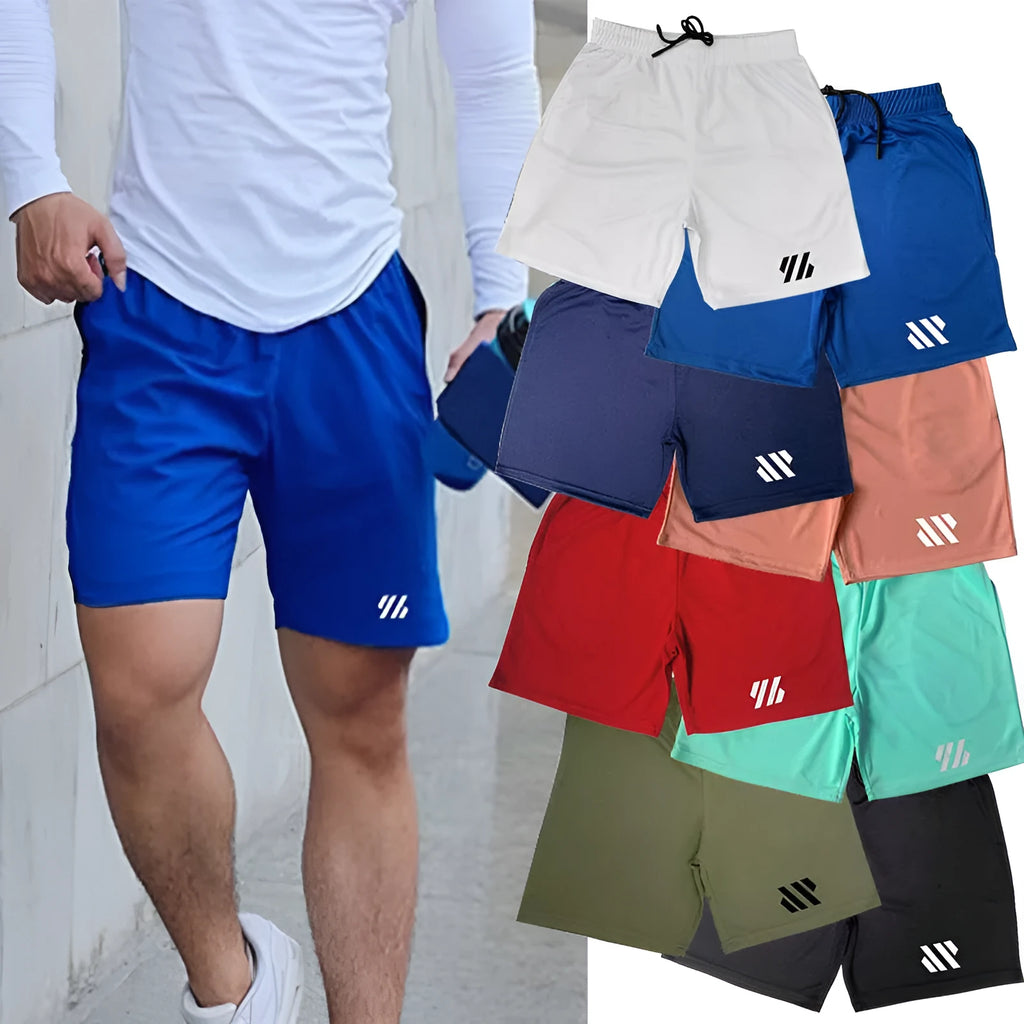 Men's loose-fit metal silk sports shorts in multiple colours on a size chart background