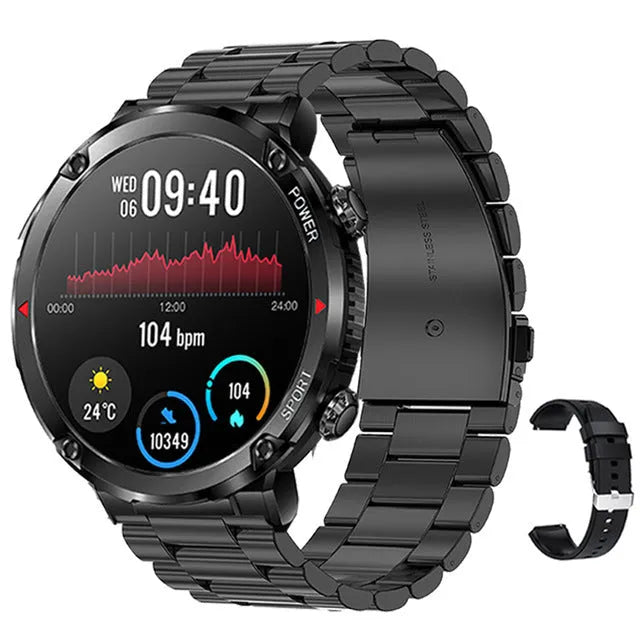 T30 Smart Watch in black on wrist showing display with health stats.