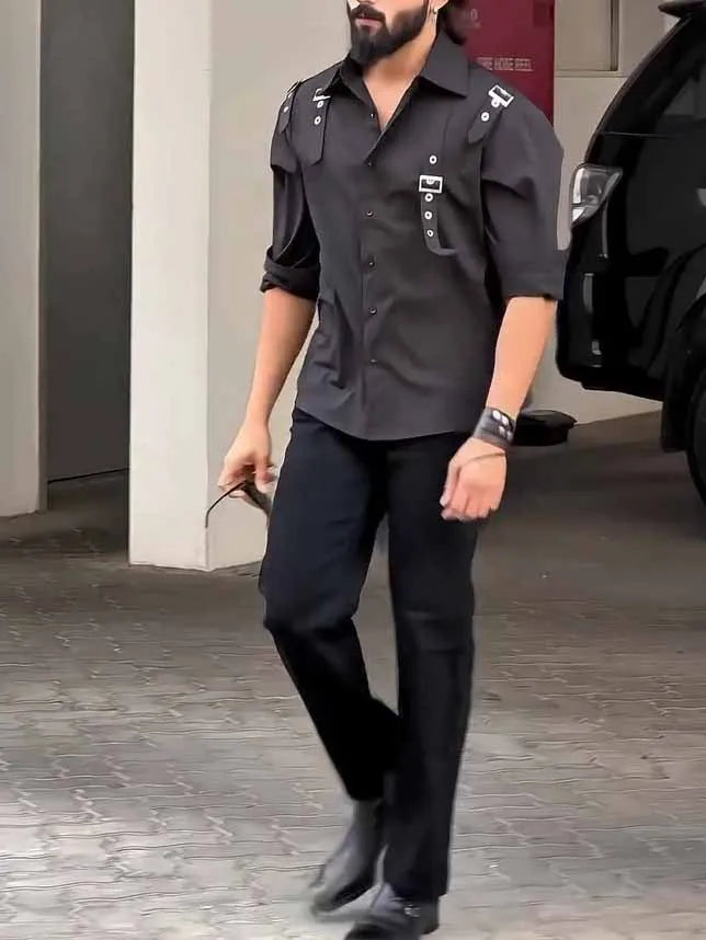 Men's black utility button-up shirt on a hanger showing button front and regular-length cut