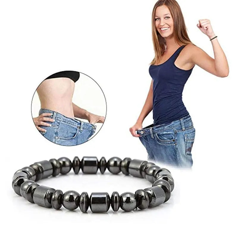Black magnetic therapy bracelet with pentagram stone, magnetite and hematite construction, stretch design