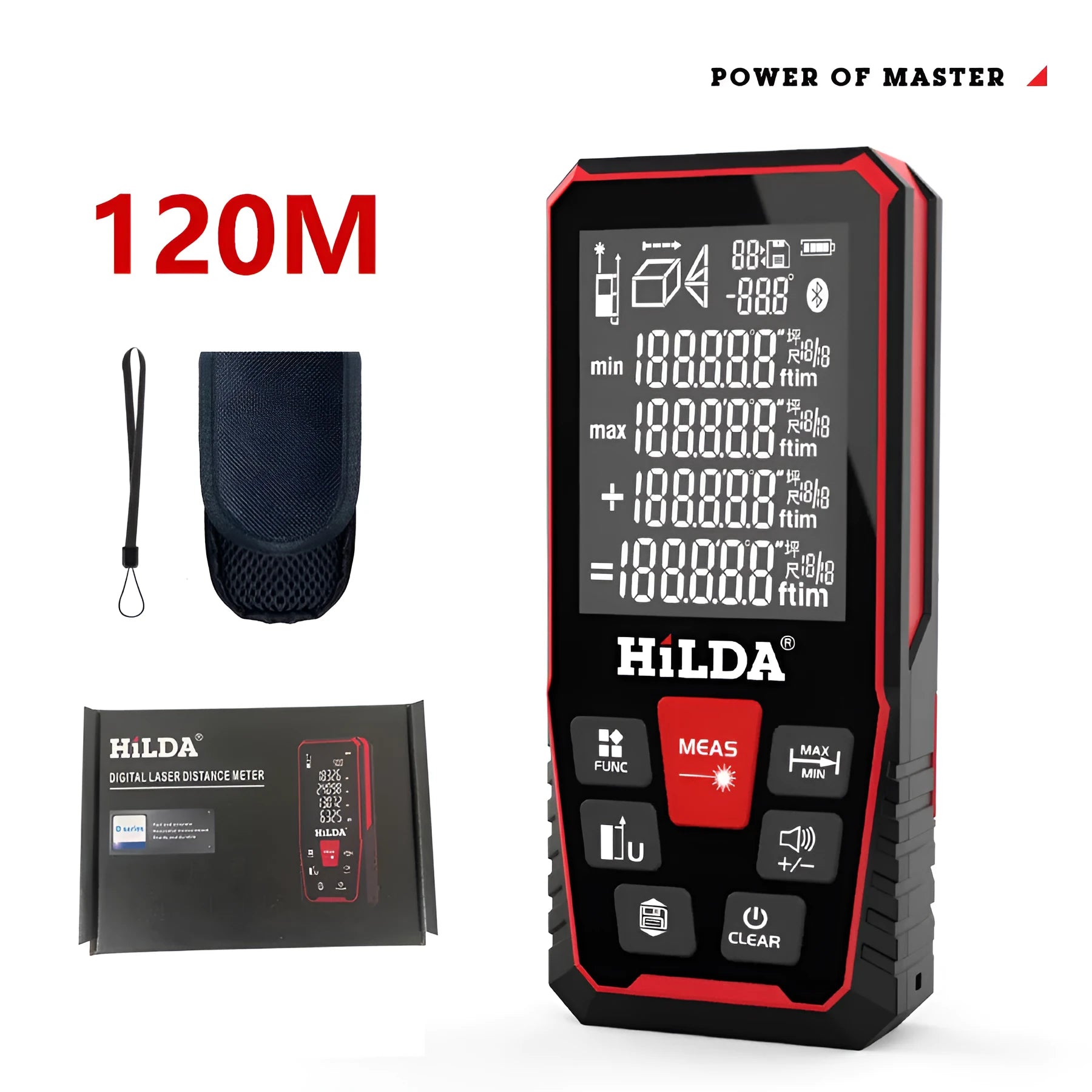 Handheld laser rangefinder for measuring distances up to 100 or 120 metres in construction and DIY.