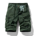 Men's army green cotton shorts with zipper fly and multiple pockets, showcasing Korean-style fit.