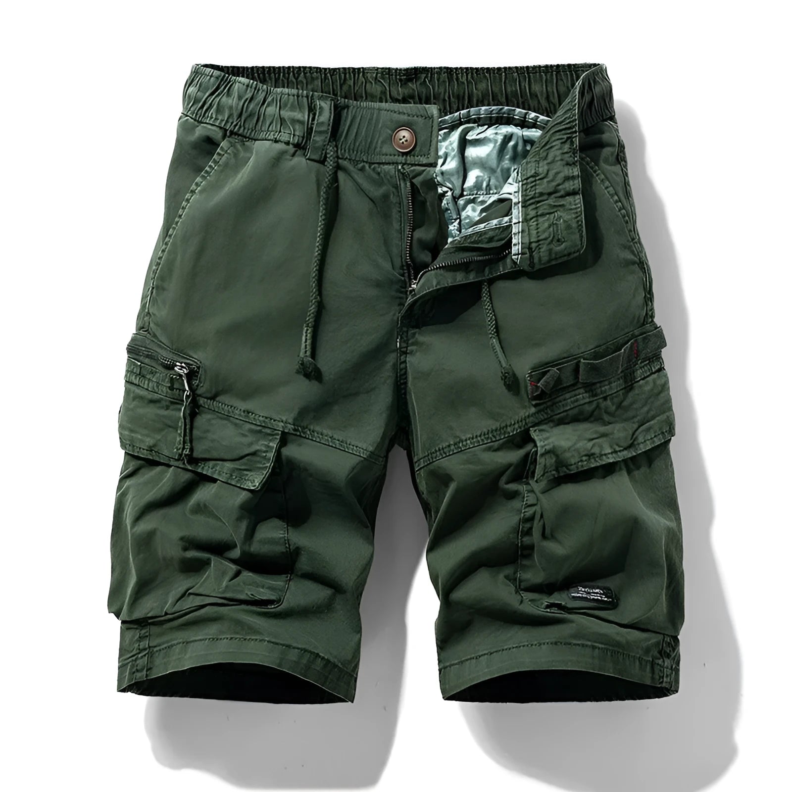 Men's army green cotton shorts with zipper fly and multiple pockets, showcasing Korean-style fit.