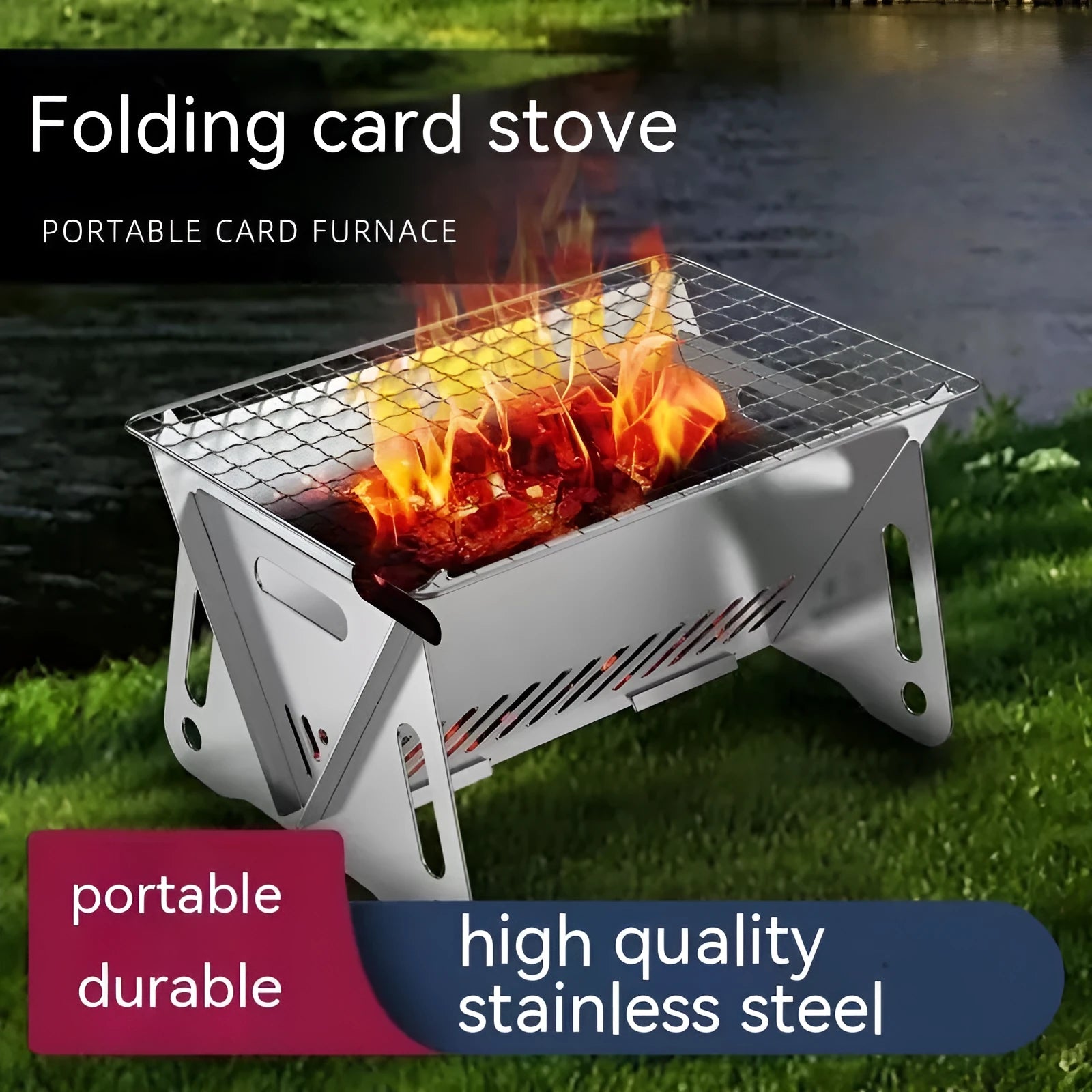 Large stainless steel folding barbecue oven with grill rack and storage bag
