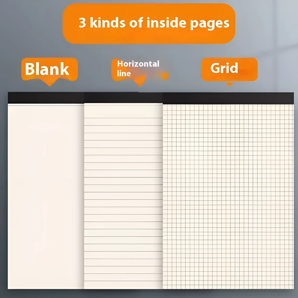 A5, B5 and A4 tearable writing pads with 80 sheets, available in blank, grid or horizontal line rulings
