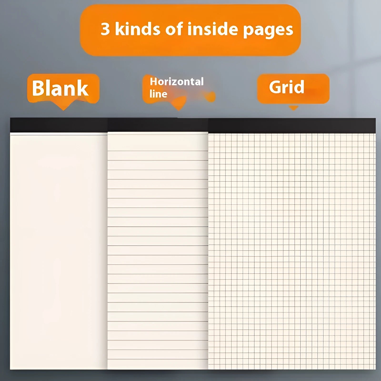 A5, B5 and A4 tearable writing pads with 80 sheets, available in blank, grid or horizontal line rulings
