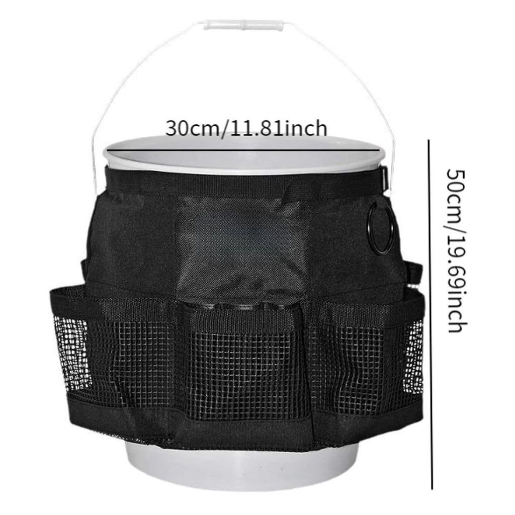 Black cylindrical polyester storage bag hanging on a 5 gallon barrel for car washing tools and outdoor gear.
