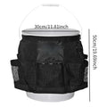 Black cylindrical polyester storage bag hanging on a 5 gallon barrel for car washing tools and outdoor gear.