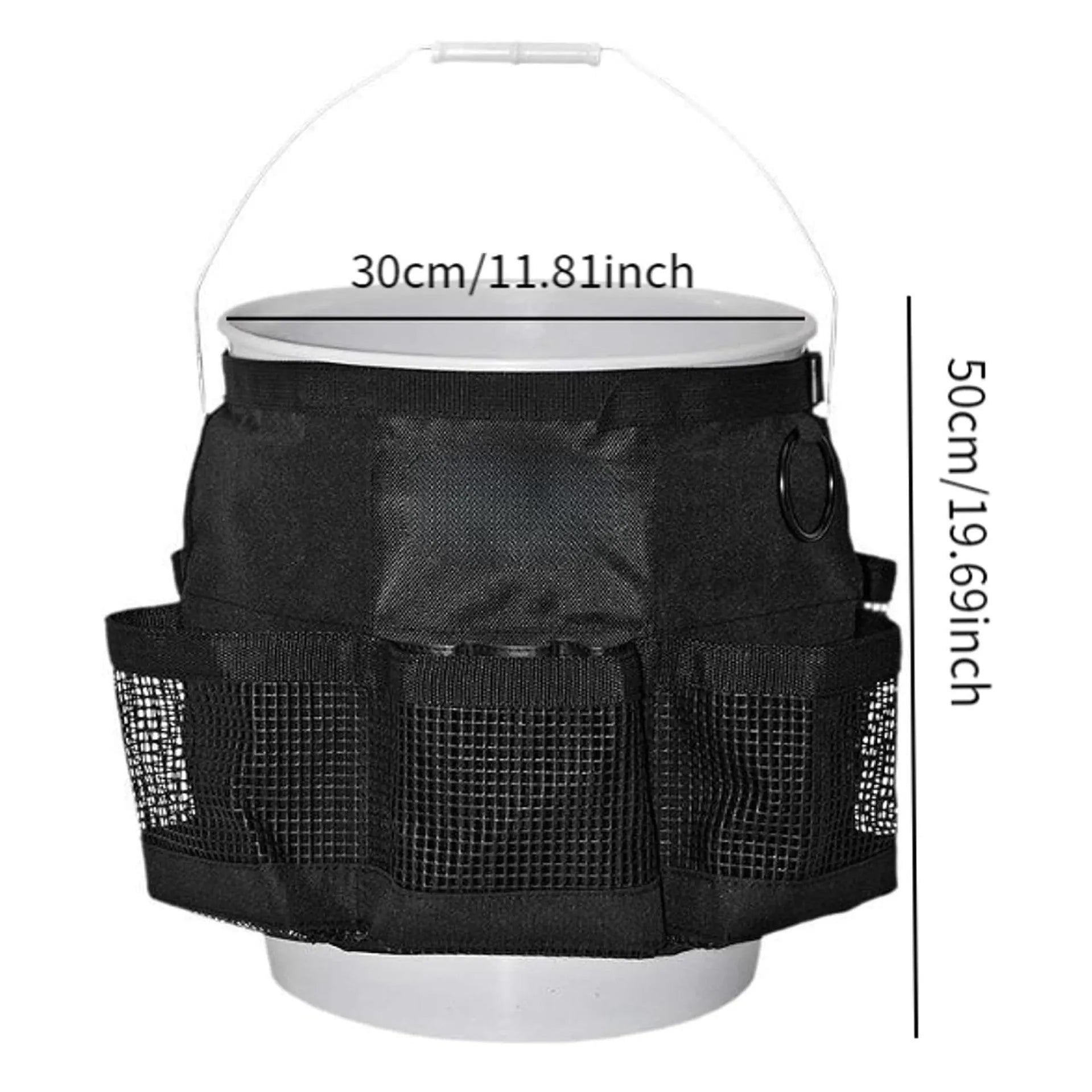 Black cylindrical polyester storage bag hanging on a 5 gallon barrel for car washing tools and outdoor gear.