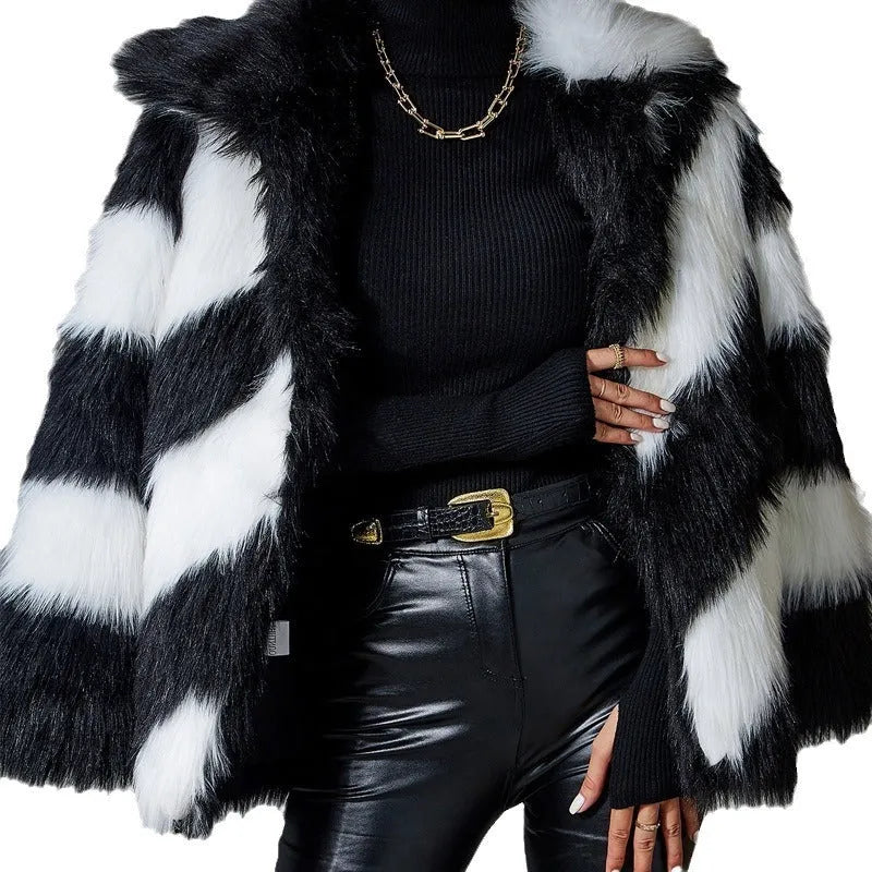 Women's faux fur coat with contrast colour lapels and detachable fur collar in picture colour option
