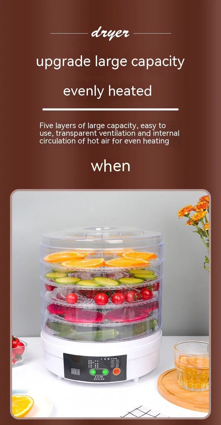 White five-tray food dehydrator with UK plug on kitchen countertop