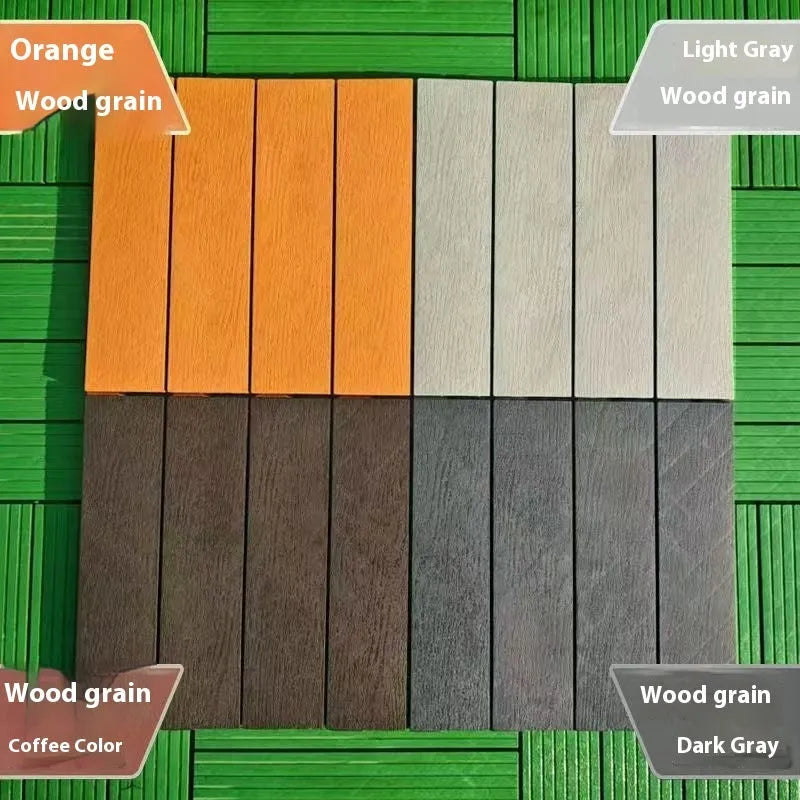 Square plastic floor tile with wood grain texture in a dark grey colour, shown on a light background.