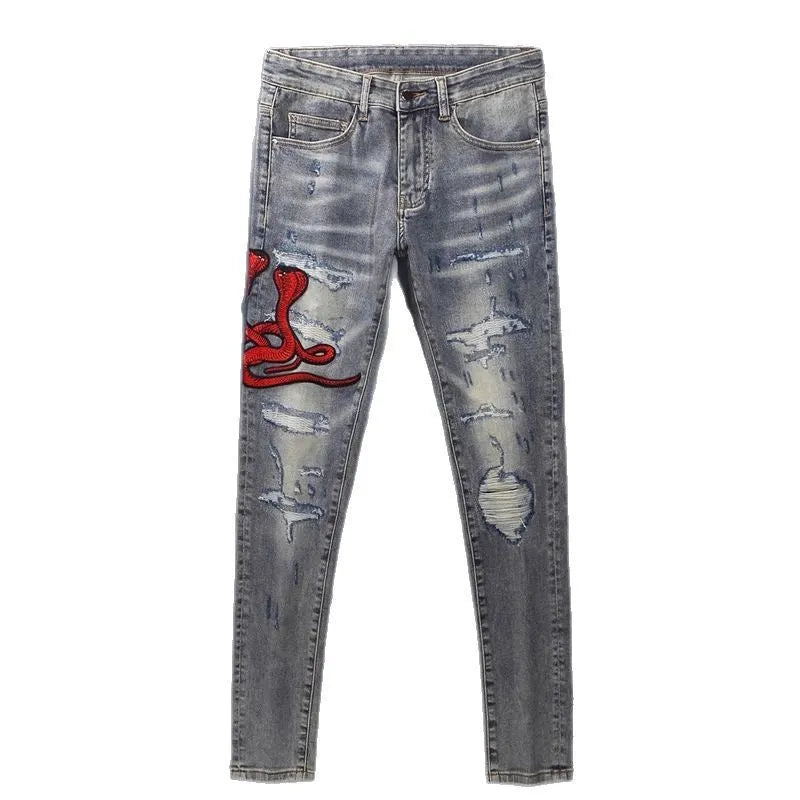 Men's slim fit jeans with distressed patches in washed-out old colour, showing front and back views