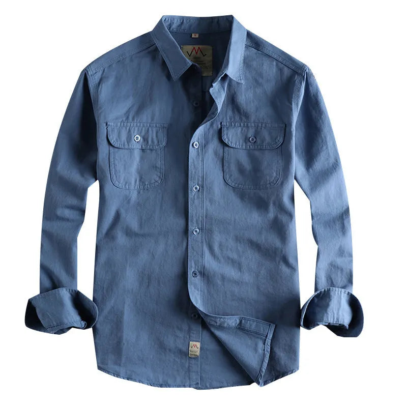Men's retro cotton long sleeve shirt in solid white or light blue colour with cardigan-style cut