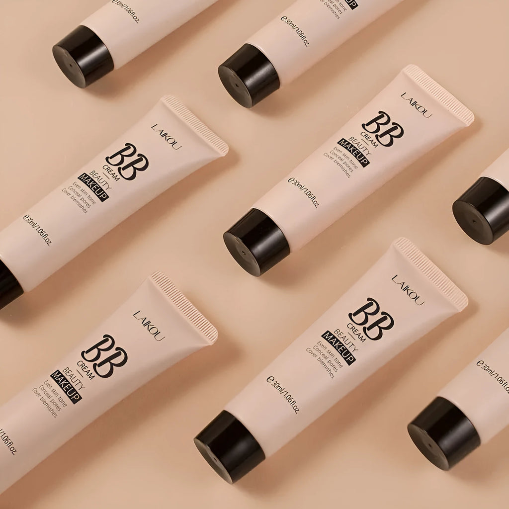 30ml tube of BB cream showing the nine available colour shades from ivory white to brown.