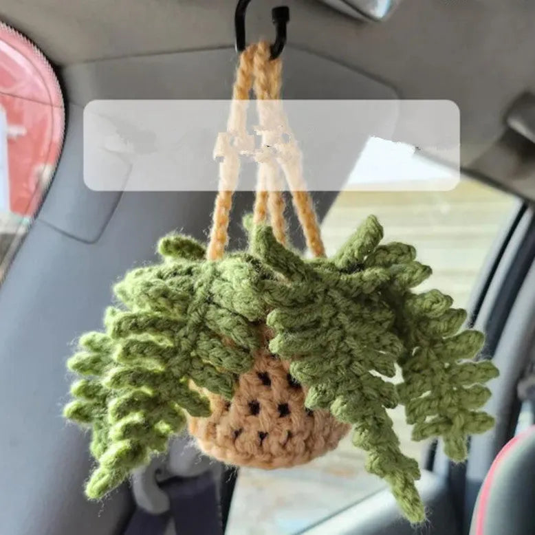 Green and white knitted wool car plant decoration with white hanging rope.
