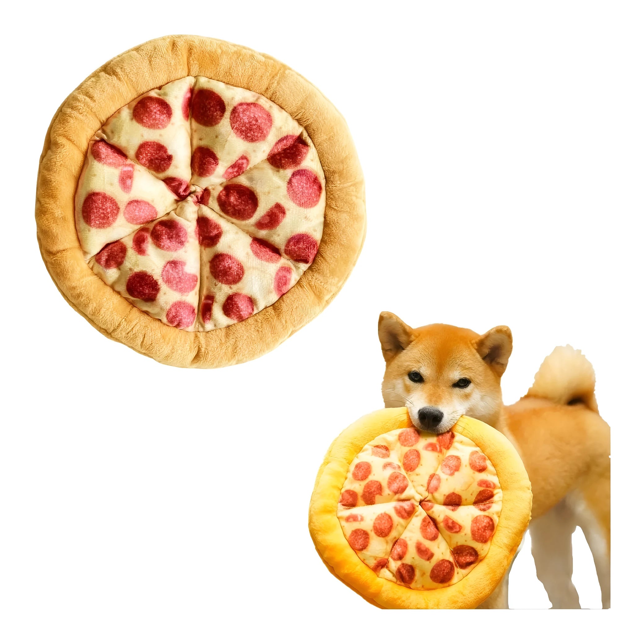 Yellow pizza slice shaped plush dog chewing toy with a squeaker for medium and small dogs.