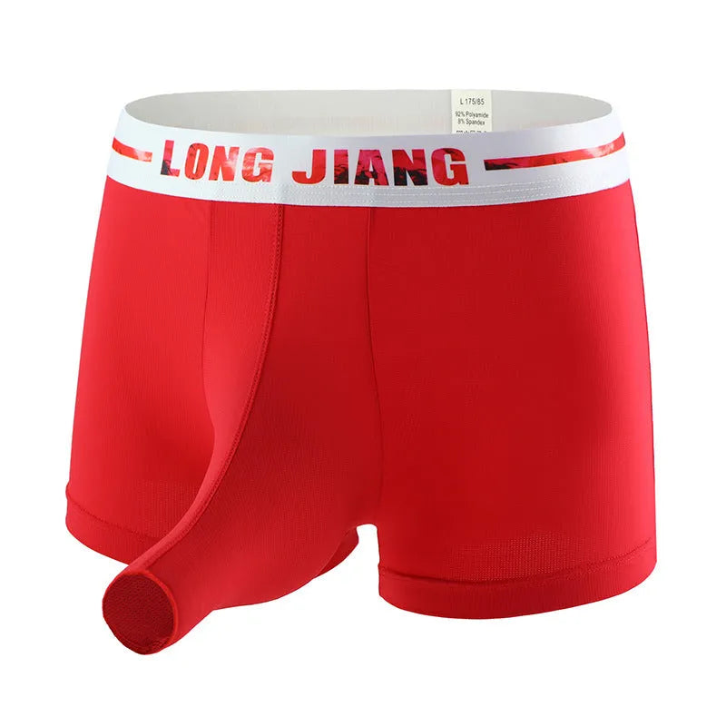 Men's breathable ice silk trunk open boxer shorts in Army Green colour on a mid waist mannequin.
