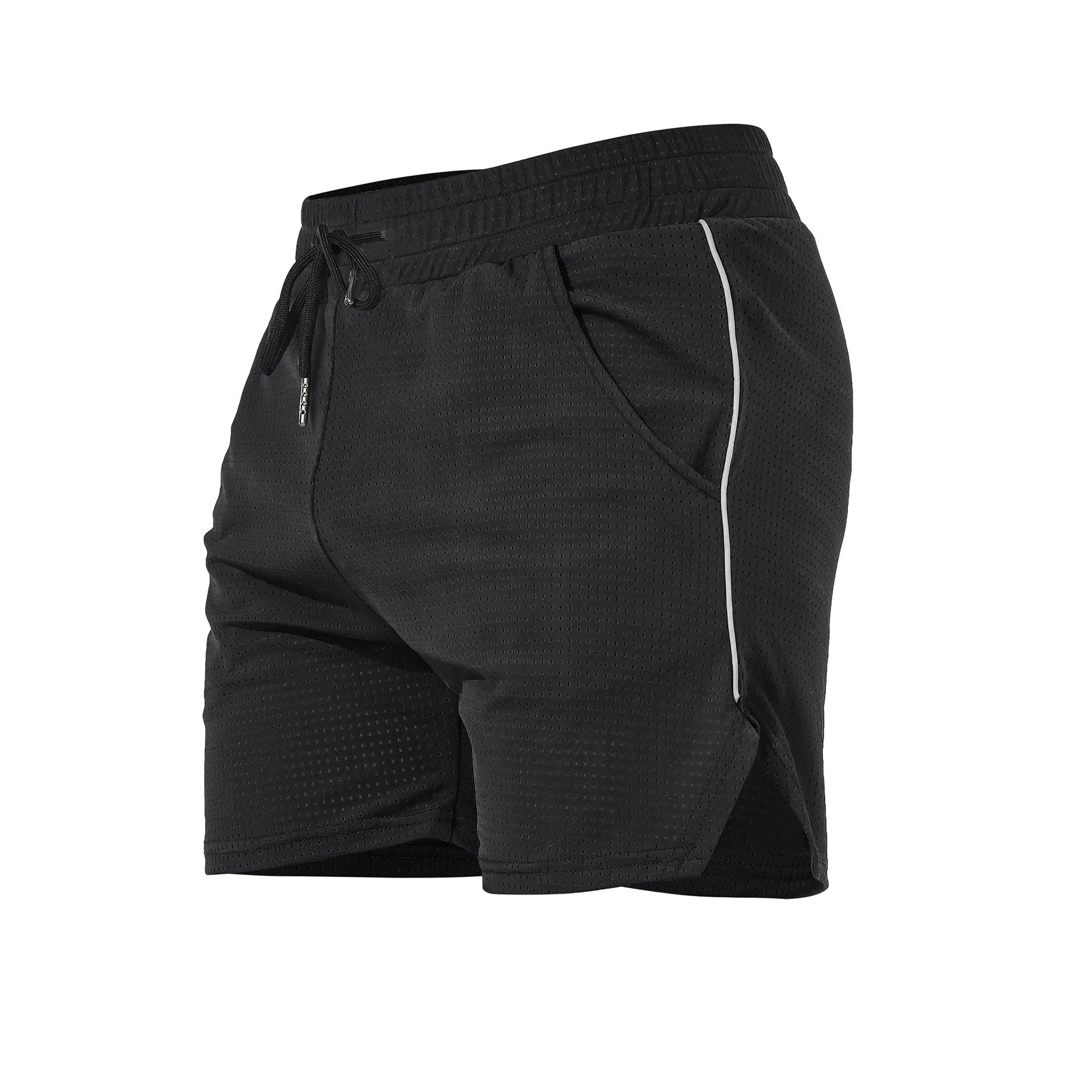 Men's straight-fit polyester athletic shorts in black, grey, navy blue, or red for sports and fitness