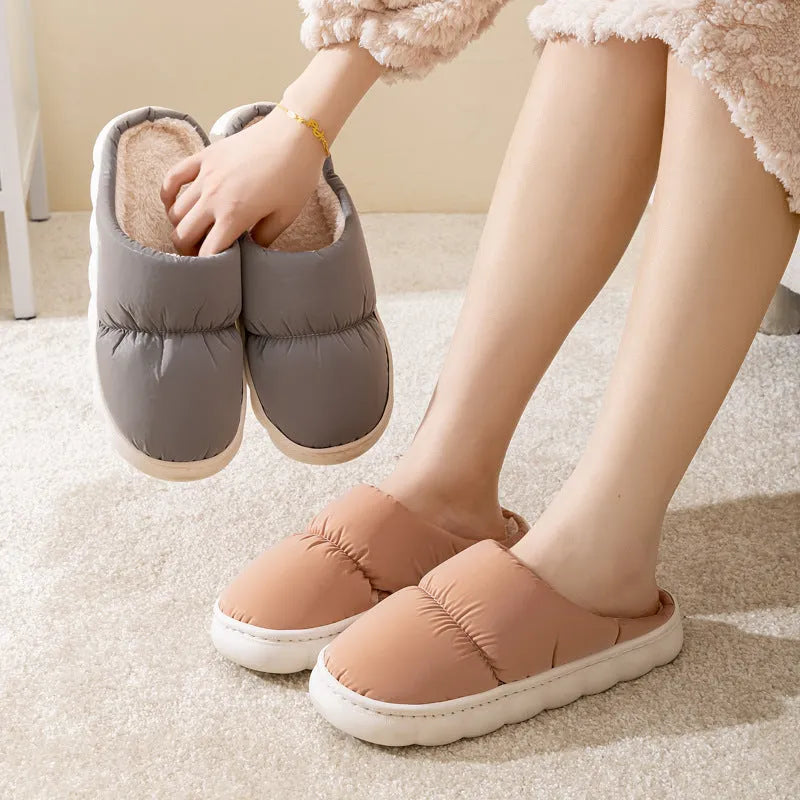 Down cotton plush slippers with thick rubber soles in blue, green, grey, pink, or yellow colours