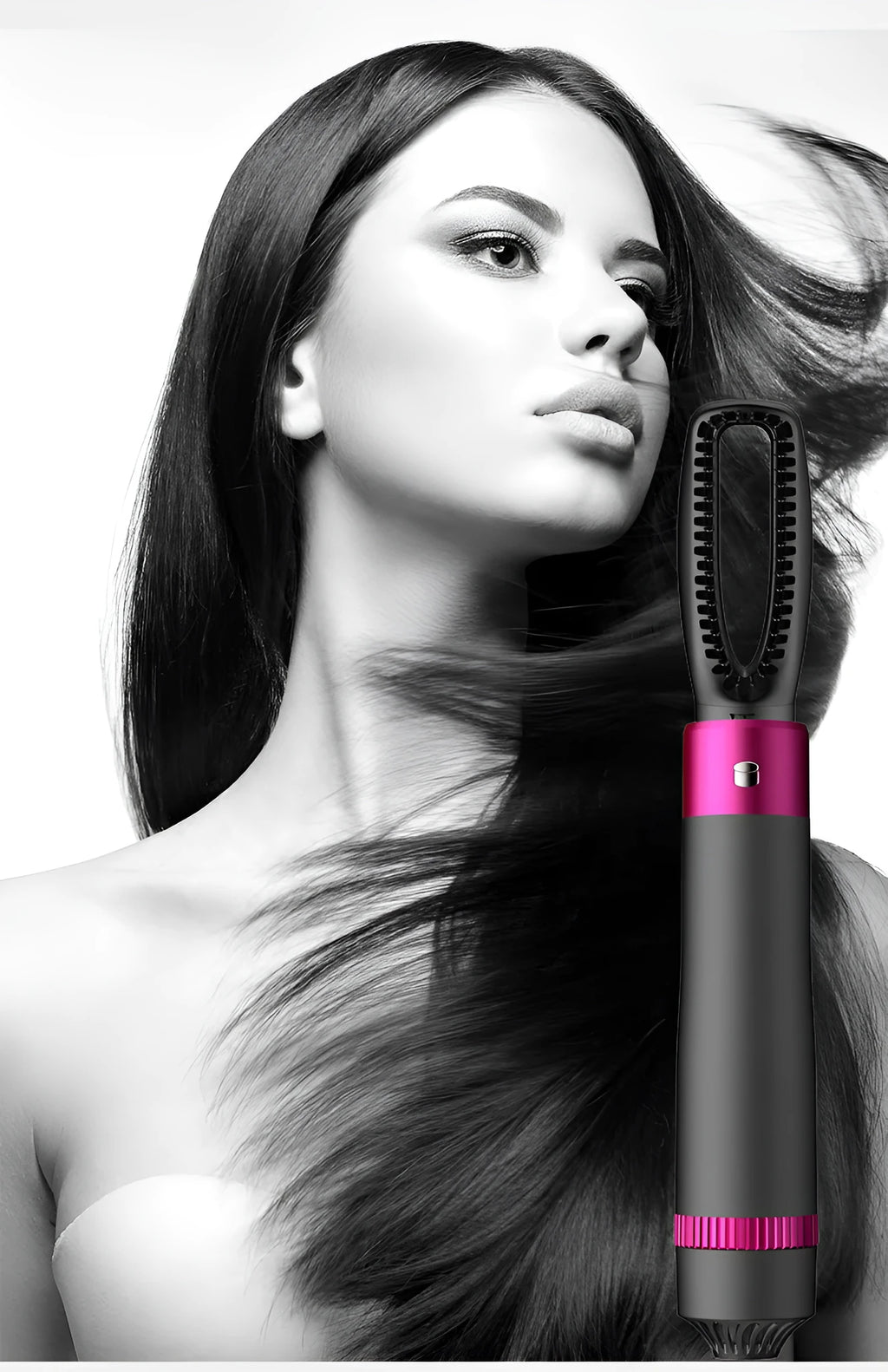 Dyson Grey coloured 5-in-1 hair dryer brush with multiple brush heads displayed beside the main unit.